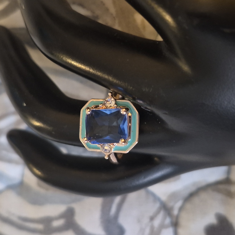 Rose Gold Art Deco Blue Sapphire Emerald Cut Enamel Statement Sz 7